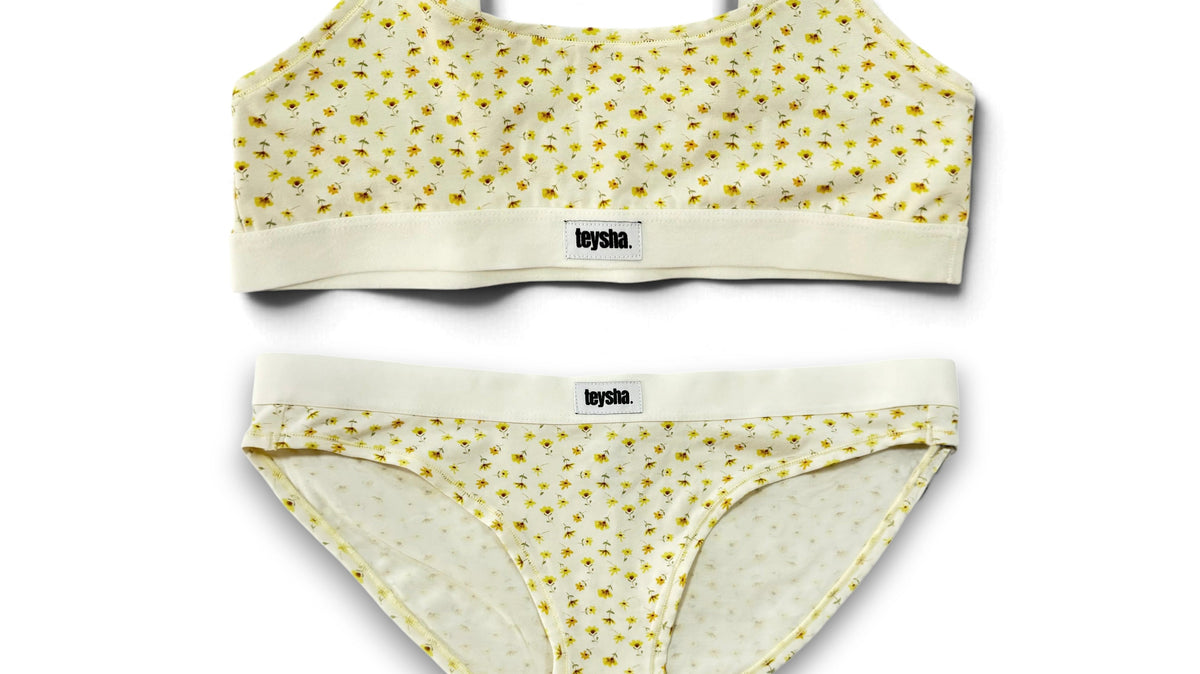 teysha Butter Cup crop top bra and matching low rise undies with a delicate yellow floral print