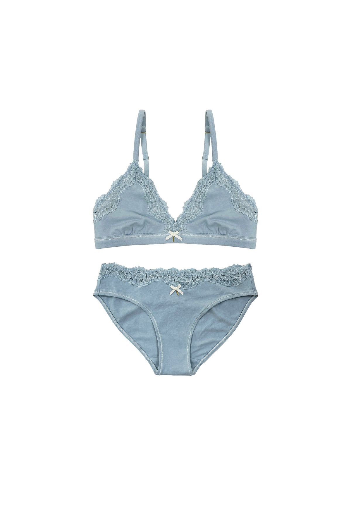 teysha organic cotton triangle lace bra and matching lace bikini brief in dusty blue, flat lay set – for teen girls