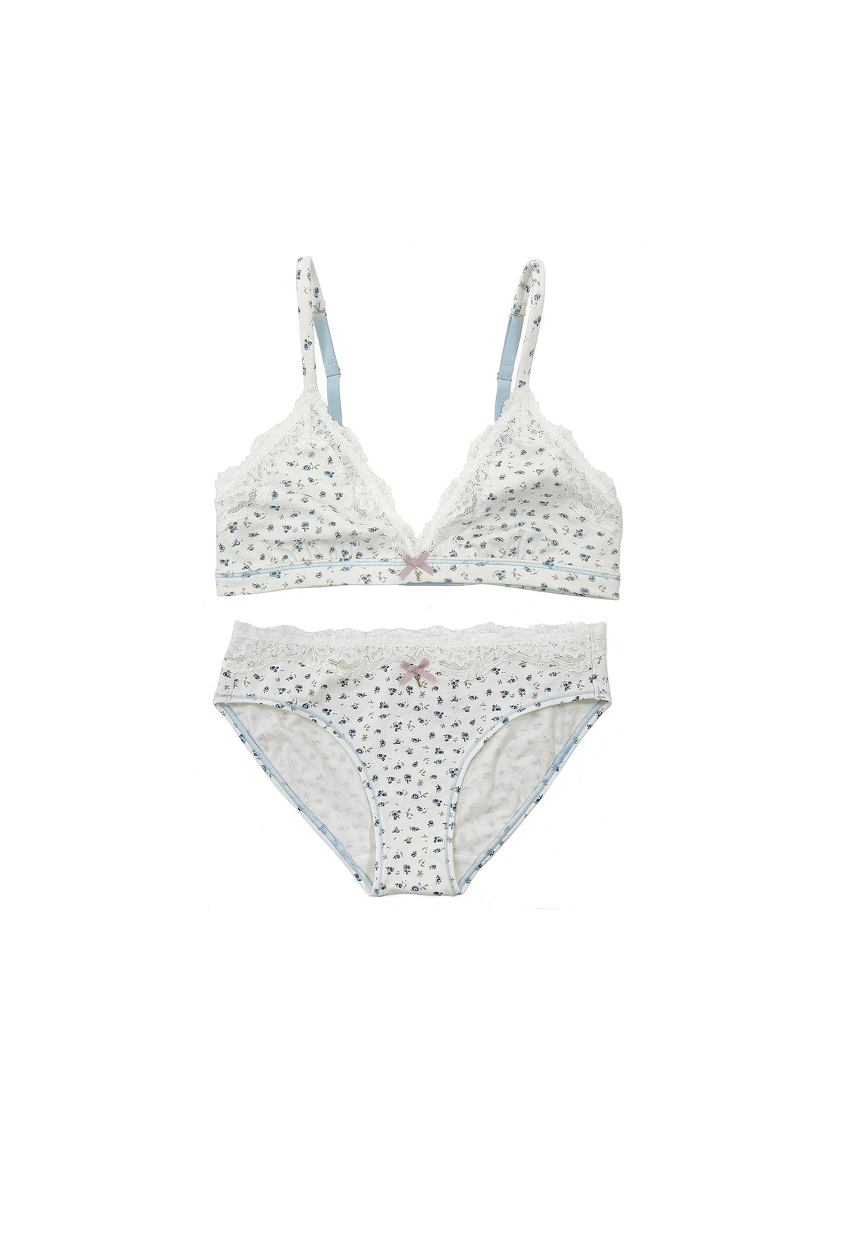 teysha organic cotton lace triangle bra and matching lace bikini briefs 2-piece set in ditsy floral print, flat lay
