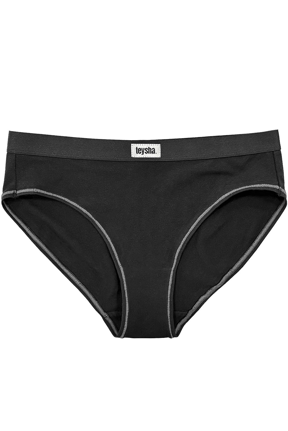 teysha organic cotton mid-rise bikini brief in black, flat lay front view