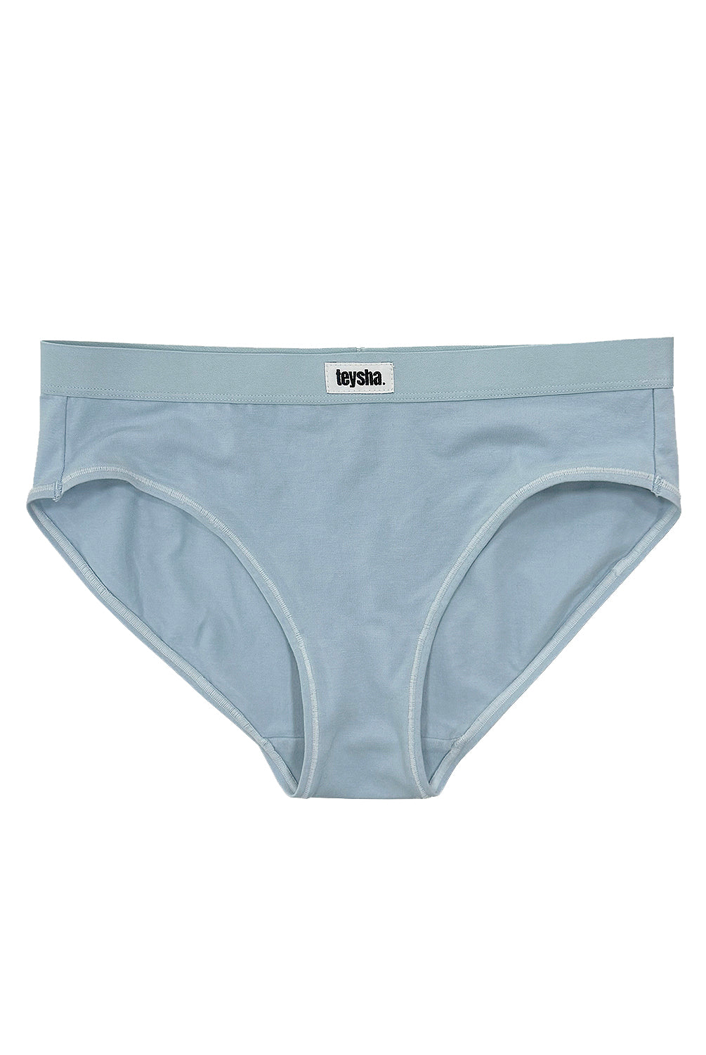 teysha organic cotton mid-rise bikini brief in dusty blue, flat lay front view