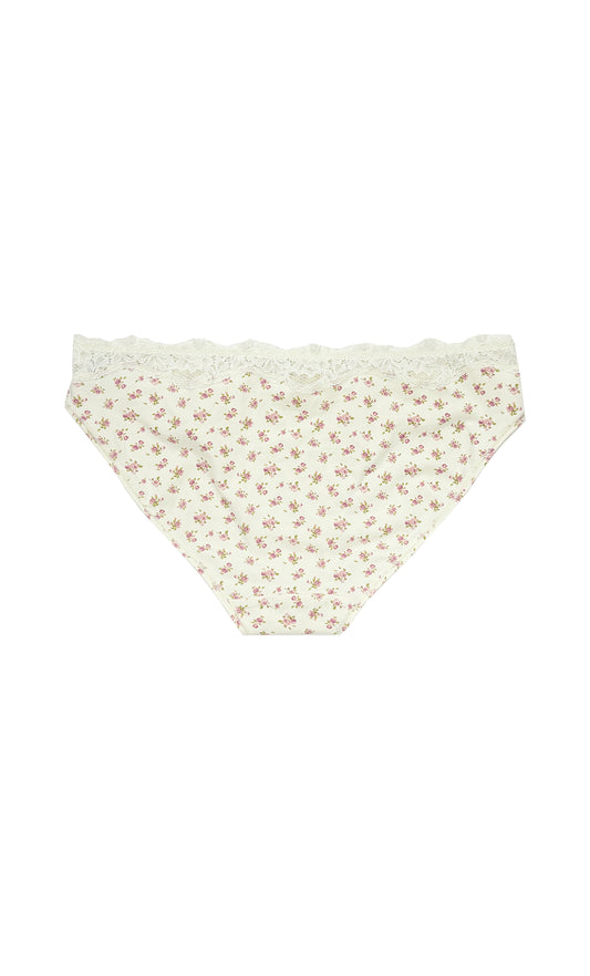 Teysha organic cotton lace bikini briefs in vintage rose floral print, back view — GOTS-certified soft underwear with delicate lace trim for tween girls