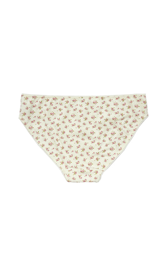 Teysha organic cotton picot edge bikini brief in vintage rose floral print, flat lay back view — picot trim waistband, GOTS-certified everyday underwear for tween girls