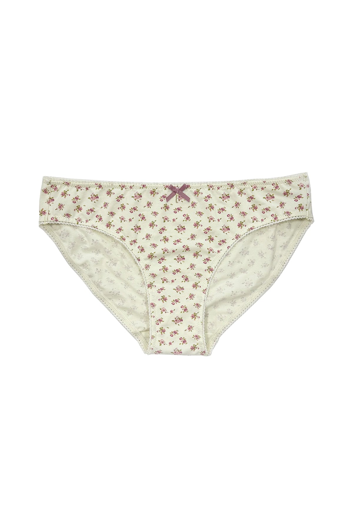 teysha organic cotton high-waist bikini brief in vintage rose floral print with bow detail, front view