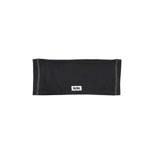 Teysha organic cotton bandeau bra in black, flat lay back view — Teysha logo label, wide band, GOTS-certified first bra for tween girls