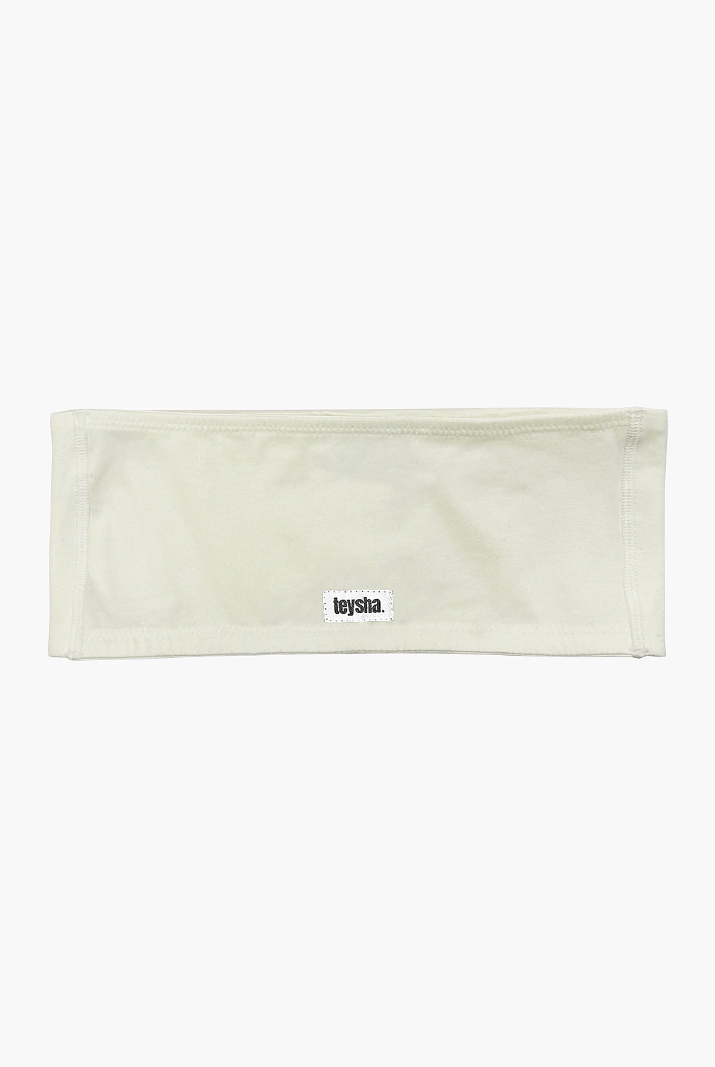 teysha organic cotton bandeau bra in off-white, flat lay back detail view showing teysha label