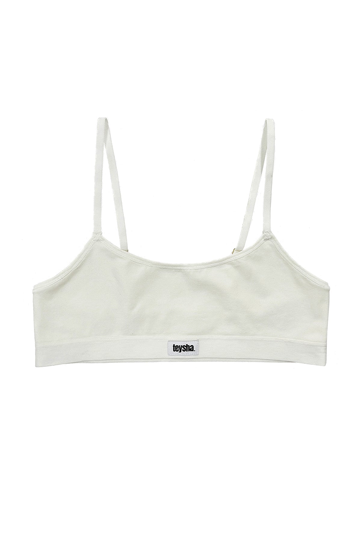 teysha organic cotton crop top bra in off-white, flat lay front view – first bra for tweens and teens