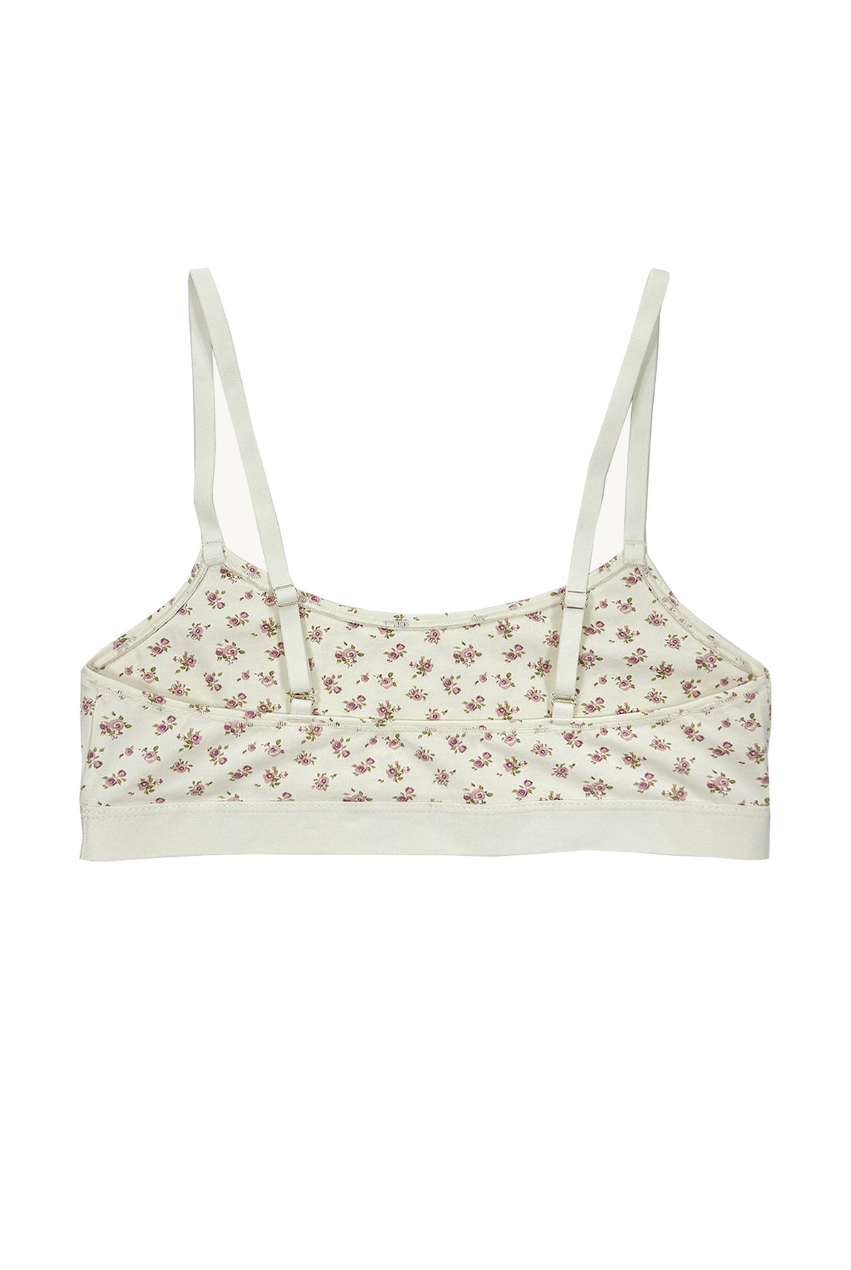 teysha organic cotton crop top training bra in vintage rose floral print, back view showing adjustable straps