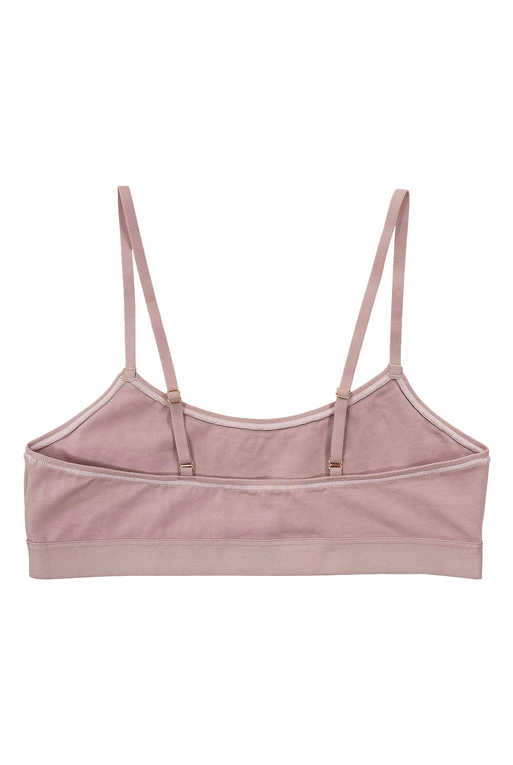 teysha organic cotton crop top bra in dusty pink, flat lay back view showing adjustable straps
