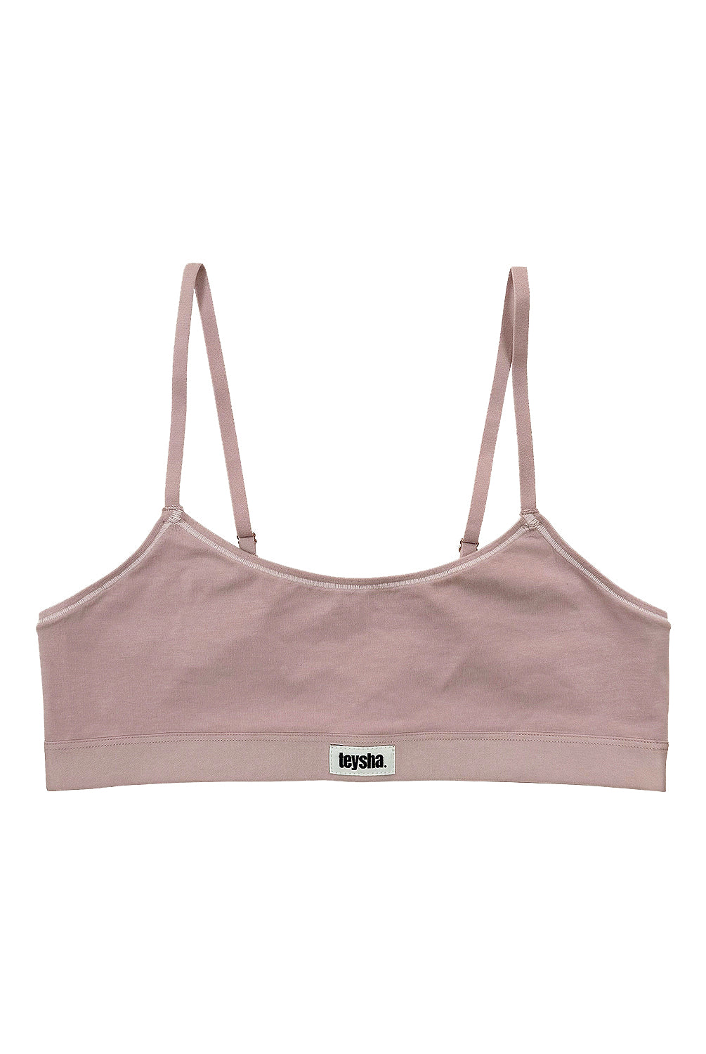 teysha organic cotton crop top bra in dusty pink, flat lay front view