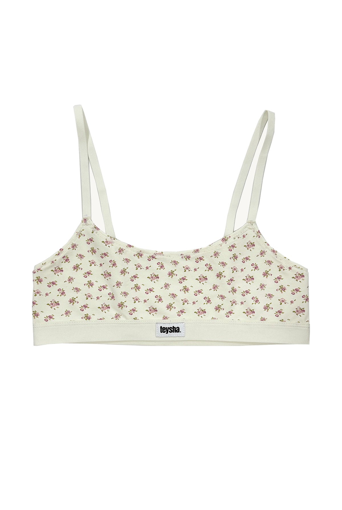 teysha organic cotton crop top bra in vintage rose floral print, front view