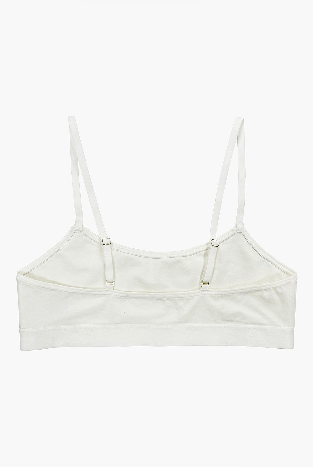 teysha organic cotton crop top bra in off-white, back view showing adjustable straps and hook closure