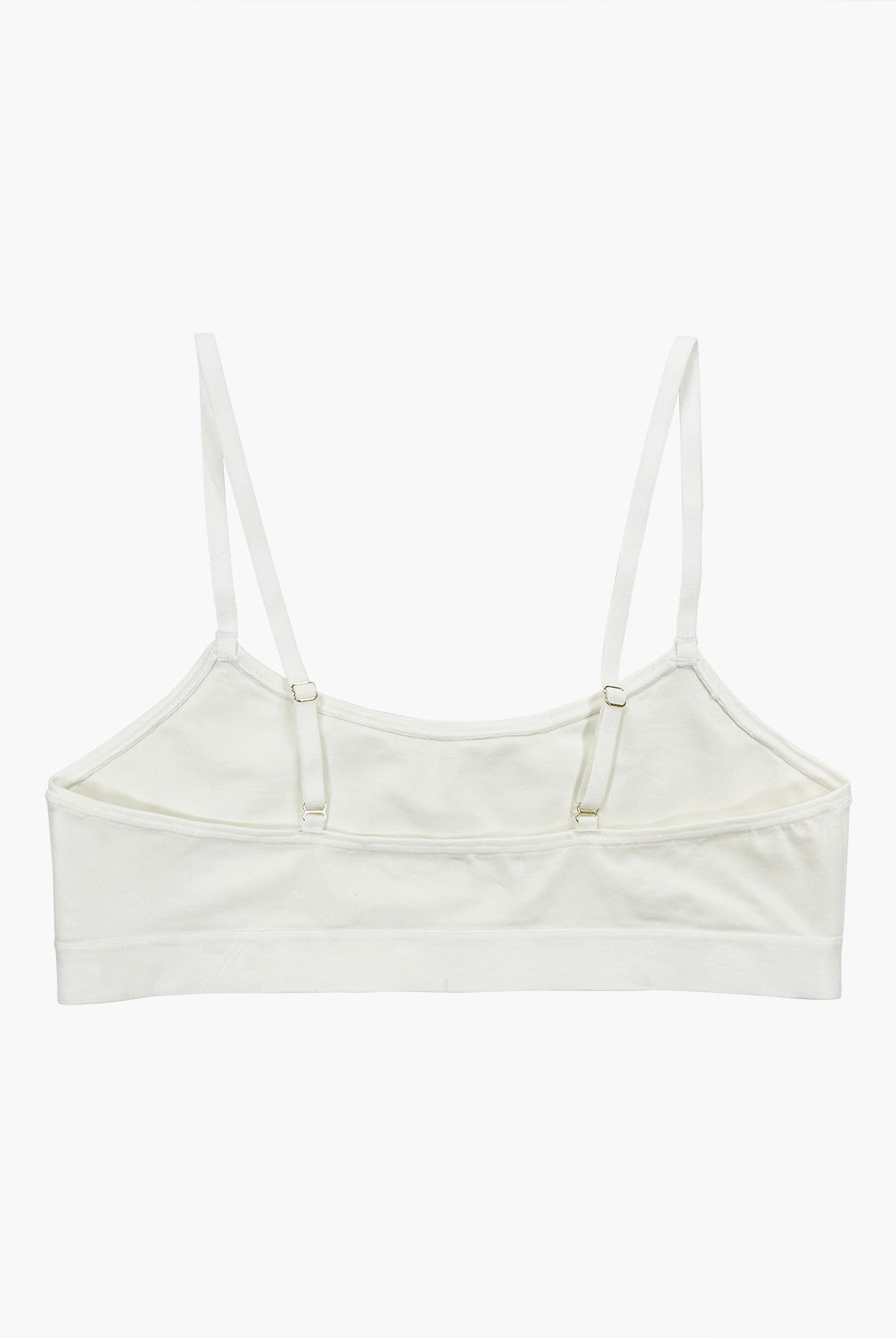 teysha organic cotton crop top training bra in off-white, back view showing adjustable fastening
