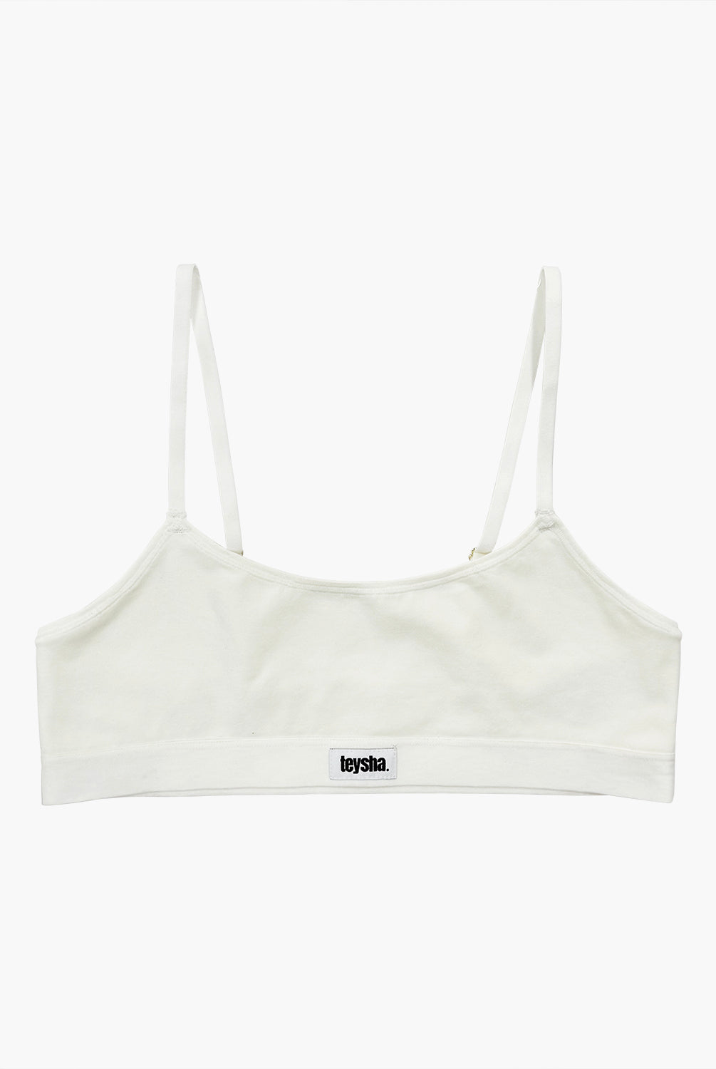 teysha organic cotton crop top training bra in off-white, front view