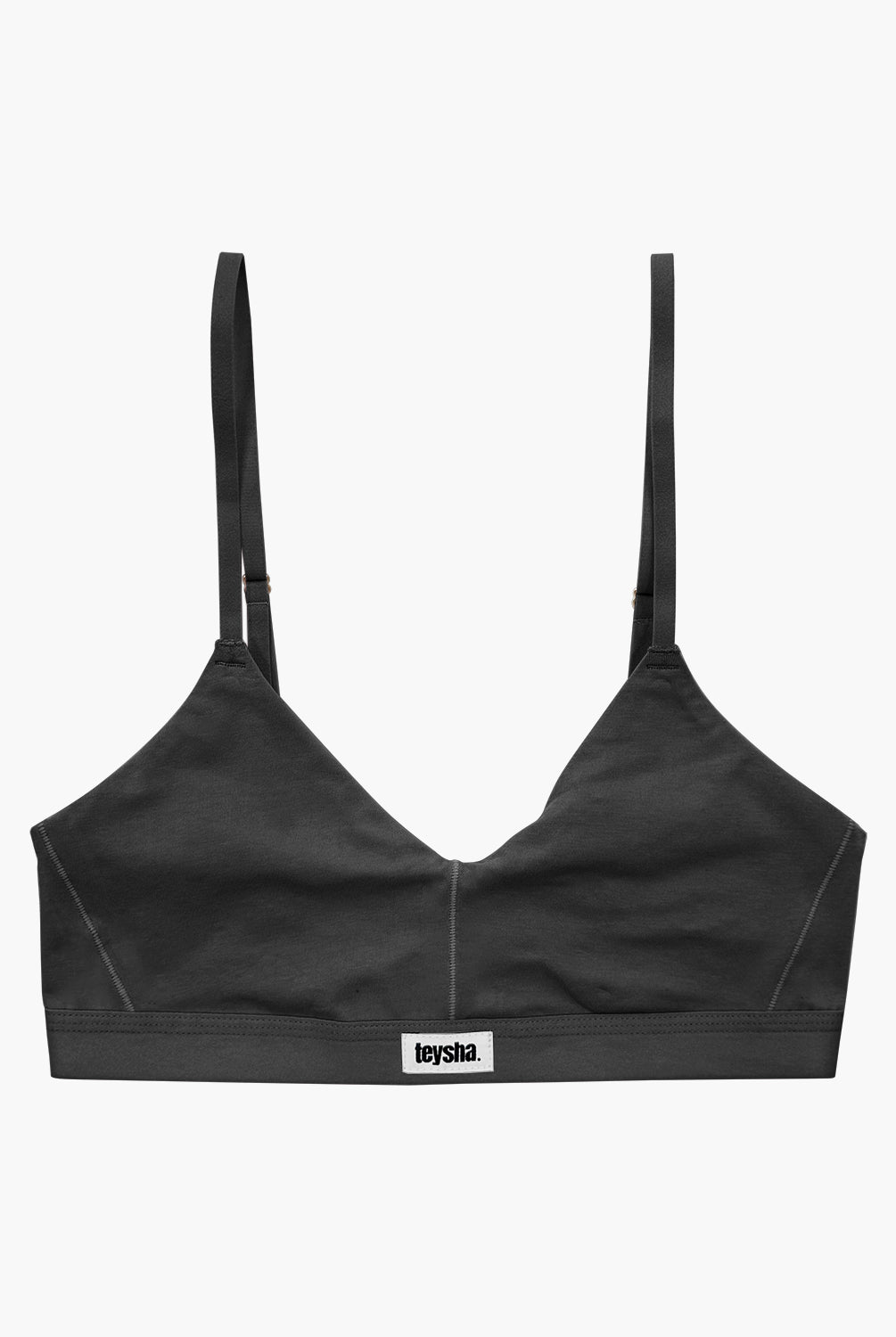 teysha organic cotton soft cup bra in black, flat lay front view