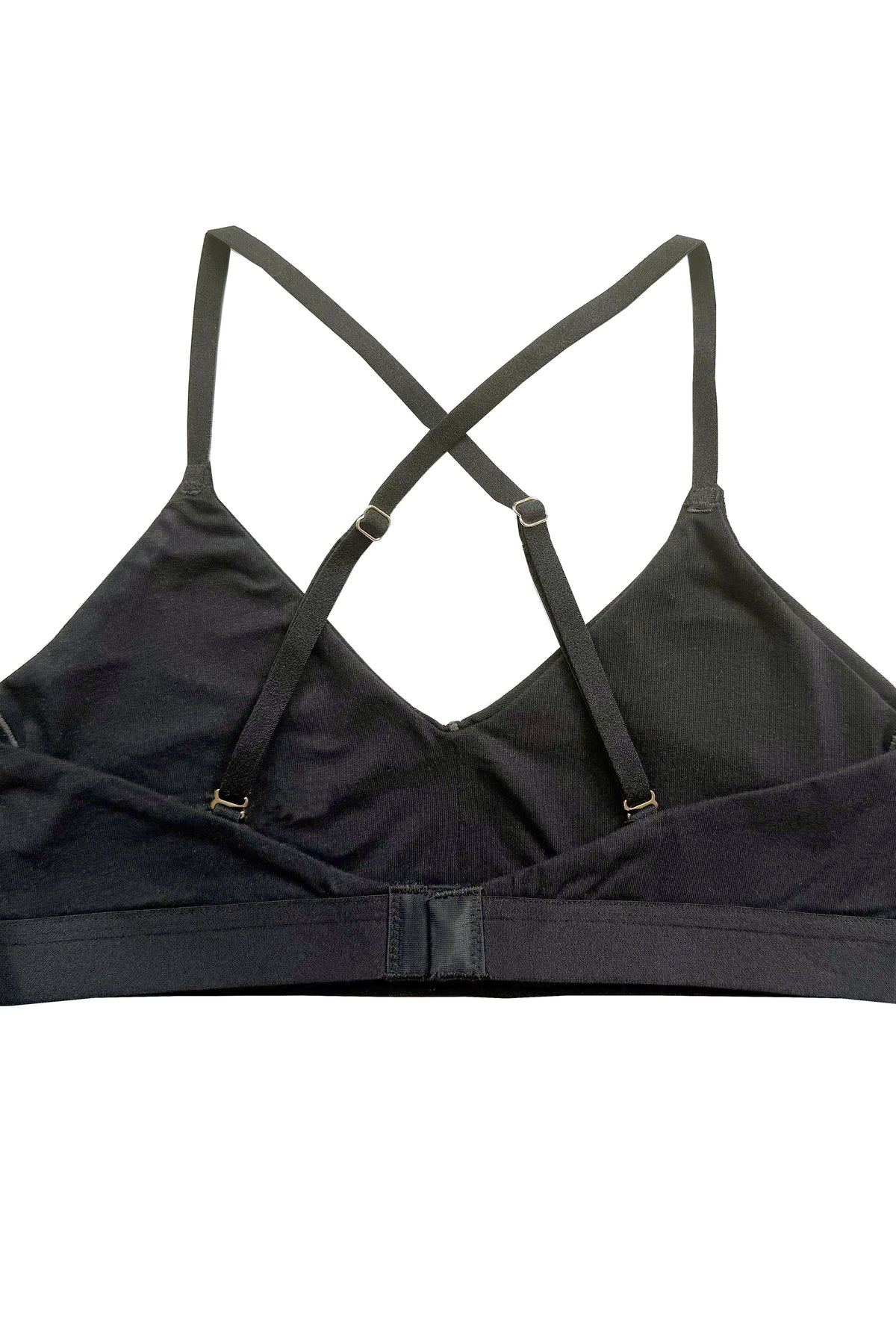 teysha organic cotton soft cup bra in black, back view showing crossover straps