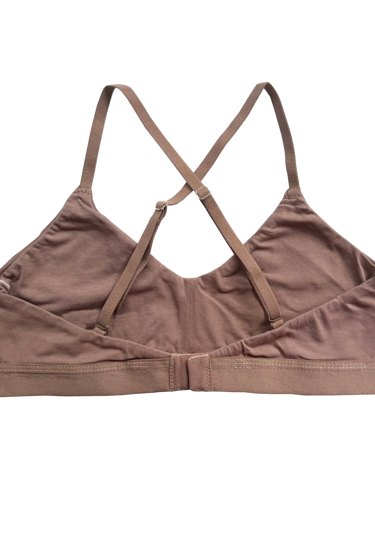 teysha organic cotton soft cup bra in natural brown, back view showing crossover straps