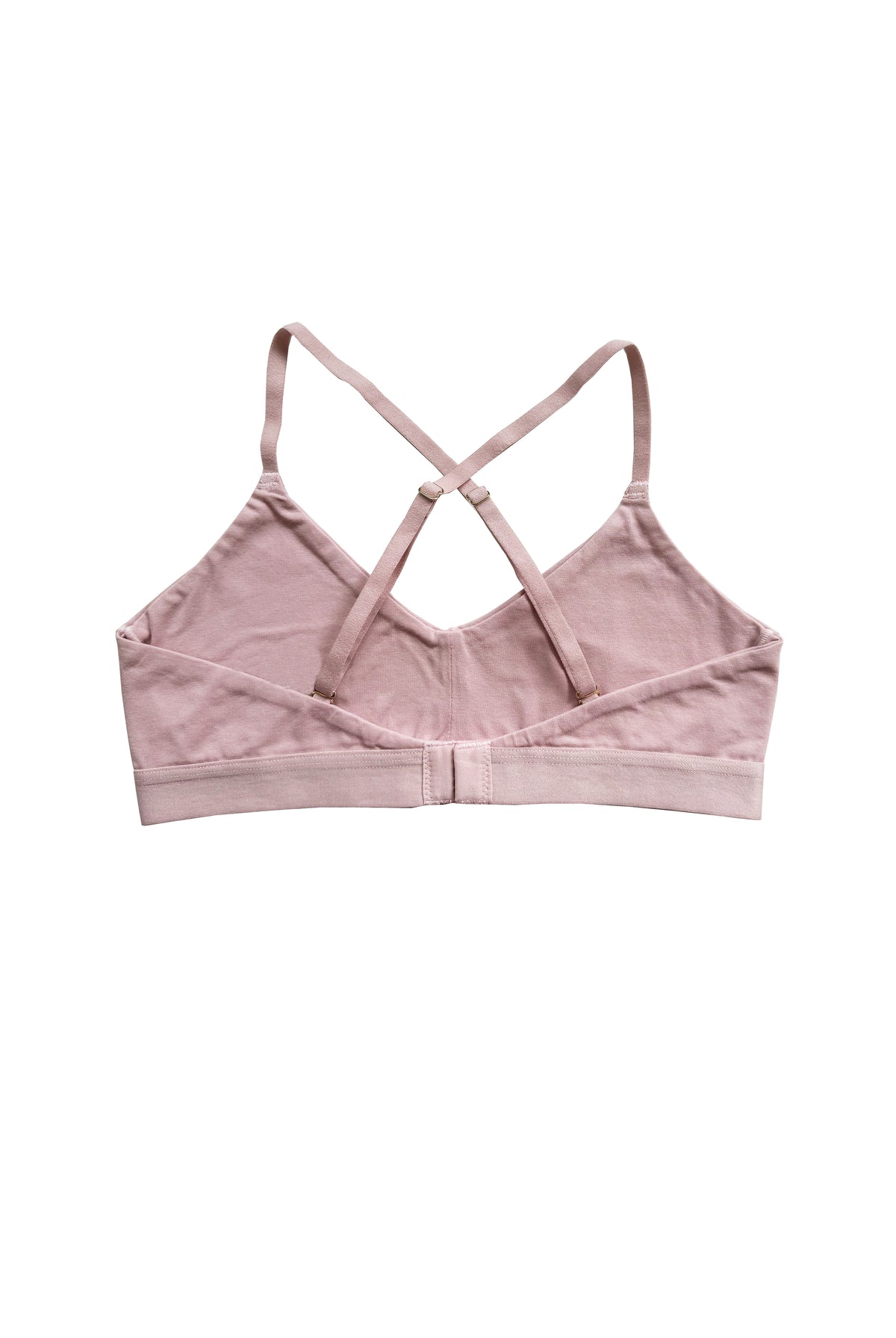 teysha organic cotton soft cup bra in dusty pink, back view showing crossover straps