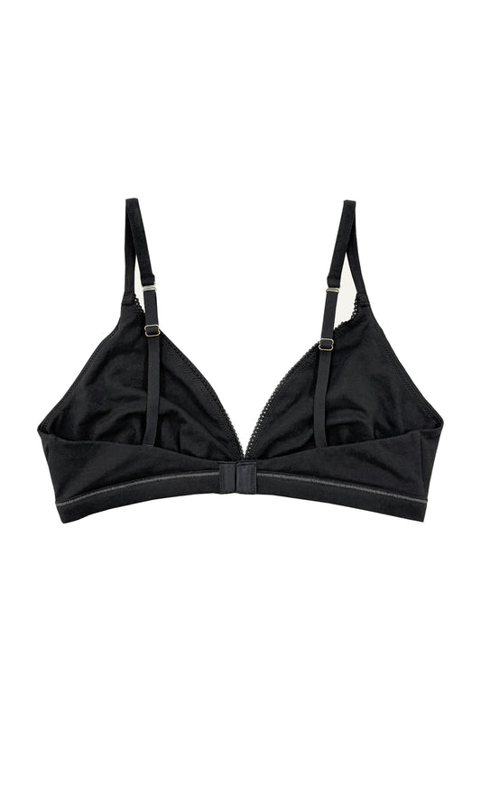 Teysha organic cotton triangle bra in black, back view showing adjustable straps — wire-free, GOTS-certified first bra for tween girls