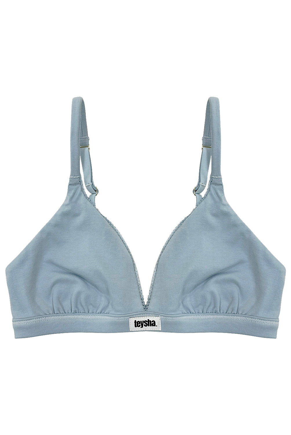 teysha organic cotton triangle bra in dusty blue, front view with teysha logo band
