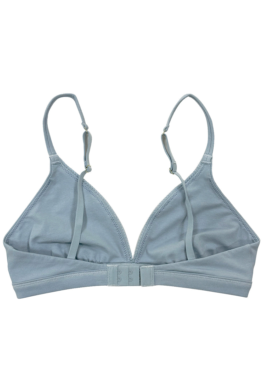 teysha organic cotton triangle bra in dusty blue, back view showing adjustable straps