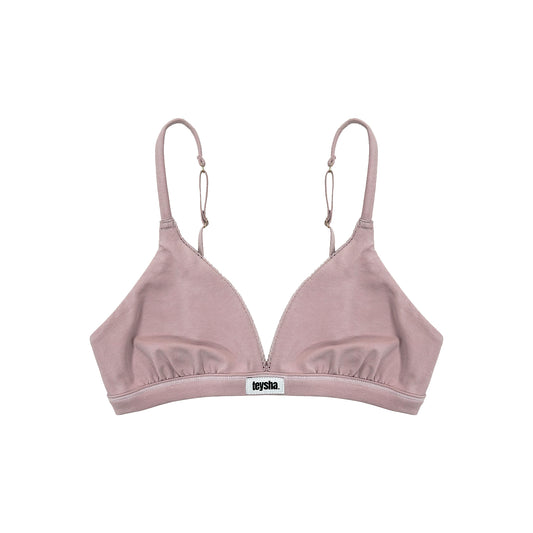Teysha organic cotton triangle bra in dusty pink, front view — wire-free, GOTS-certified first bra for tween girls