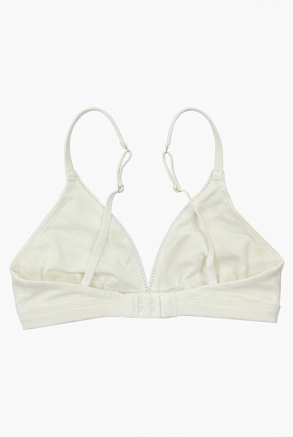 teysha organic cotton triangle bra in cloud white, back view showing adjustable straps