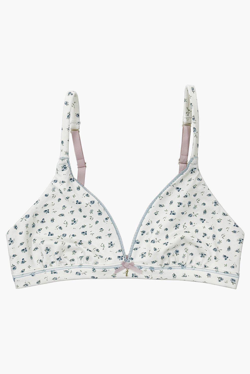 teysha organic cotton triangle bra in ditsy floral print, flat lay front view – for teen girls