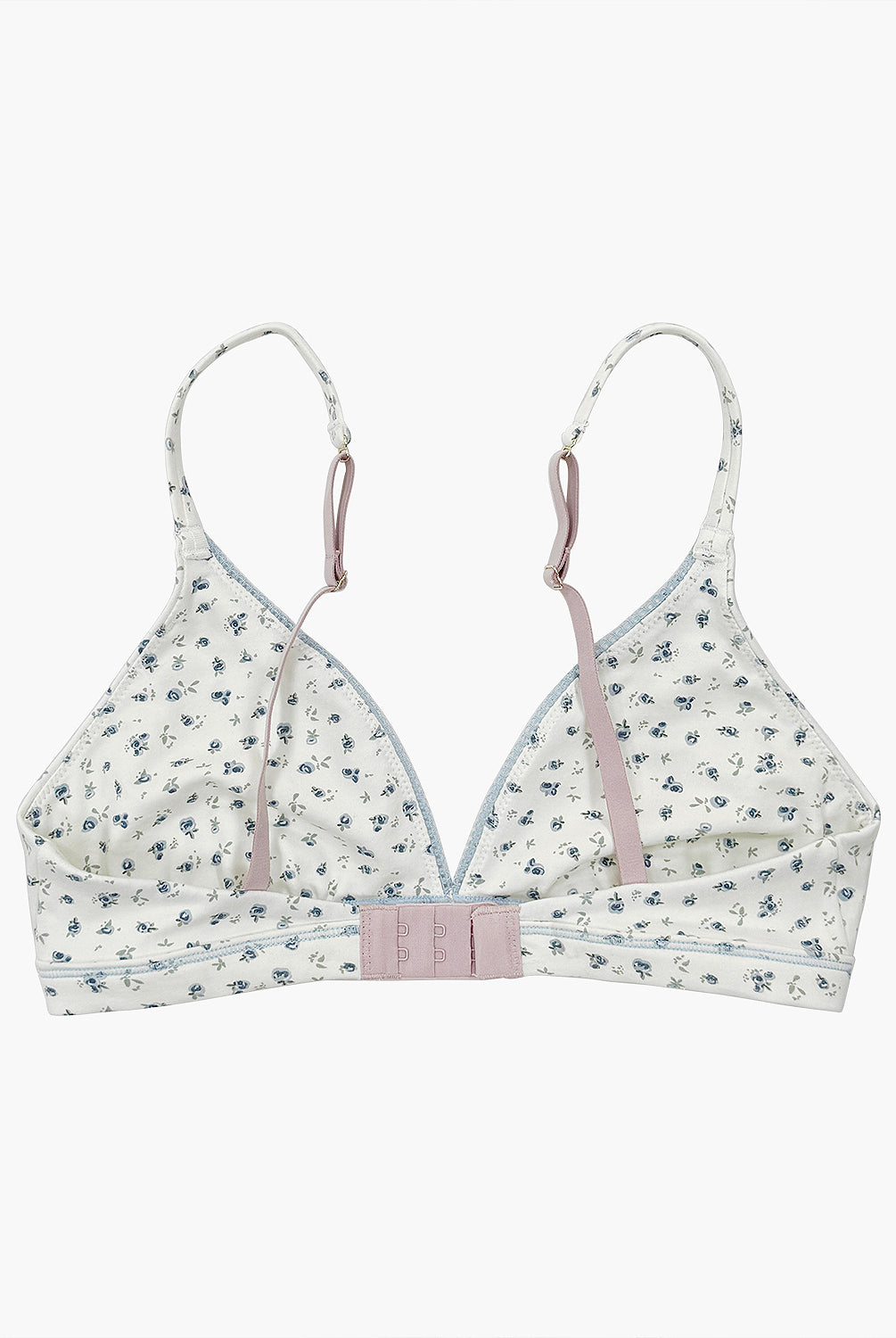 teysha organic cotton triangle bra in ditsy floral print, flat lay back view
