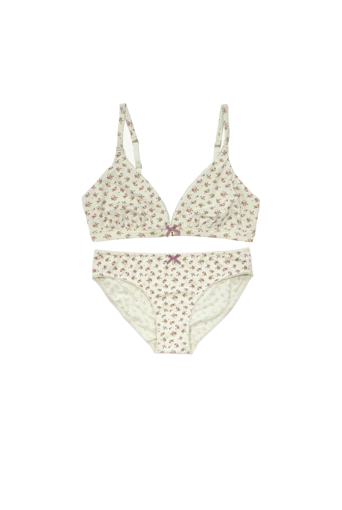 teysha organic cotton triangle bra and matching picot edge bikini briefs in vintage rose floral print, flat lay
