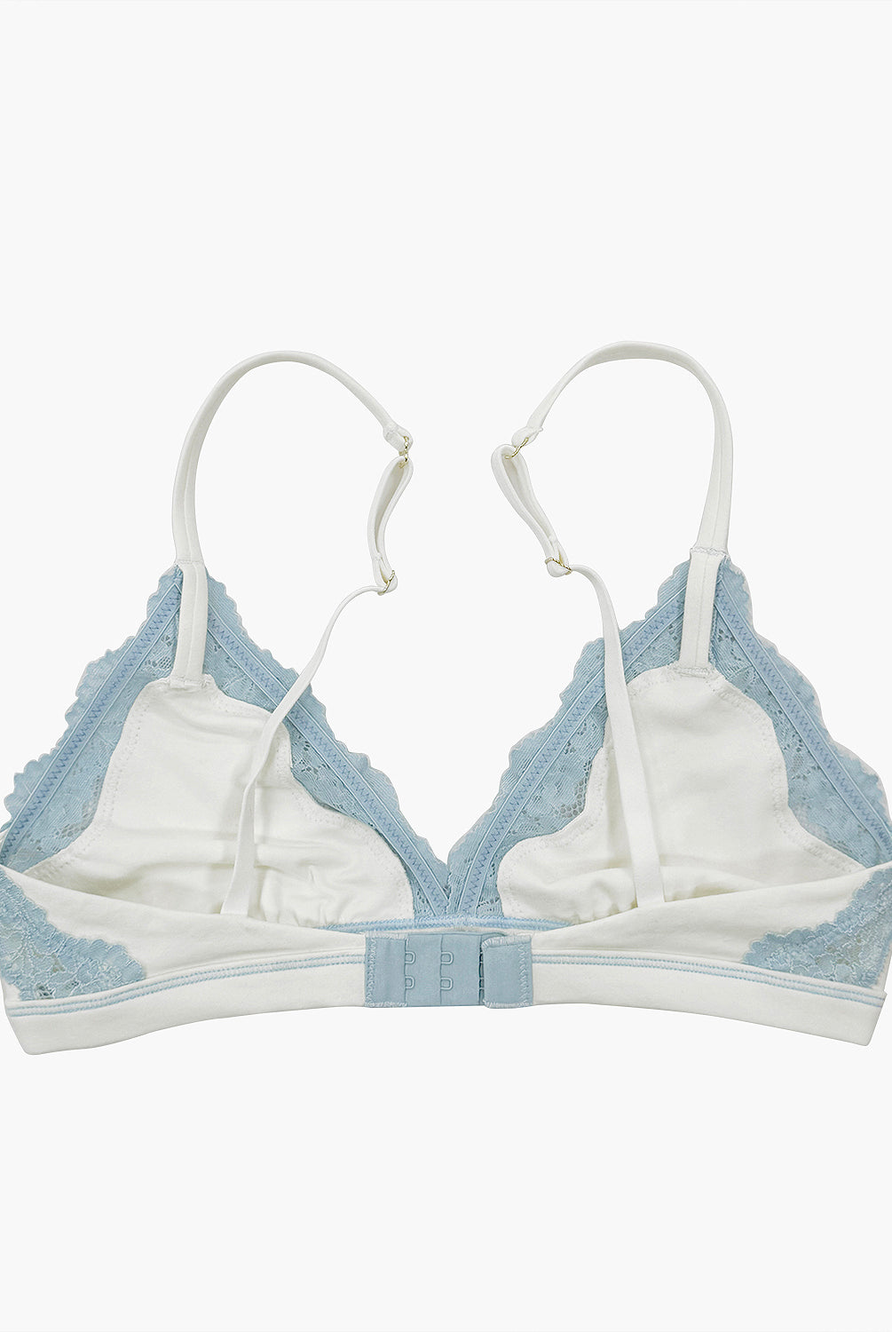 teysha organic cotton triangle lace bra in winter sky, back view showing adjustable straps and hook closure
