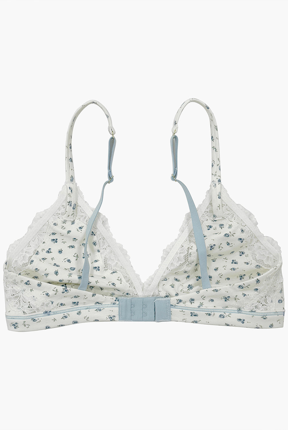teysha organic cotton lace triangle bra in ditsy floral print, flat lay back view