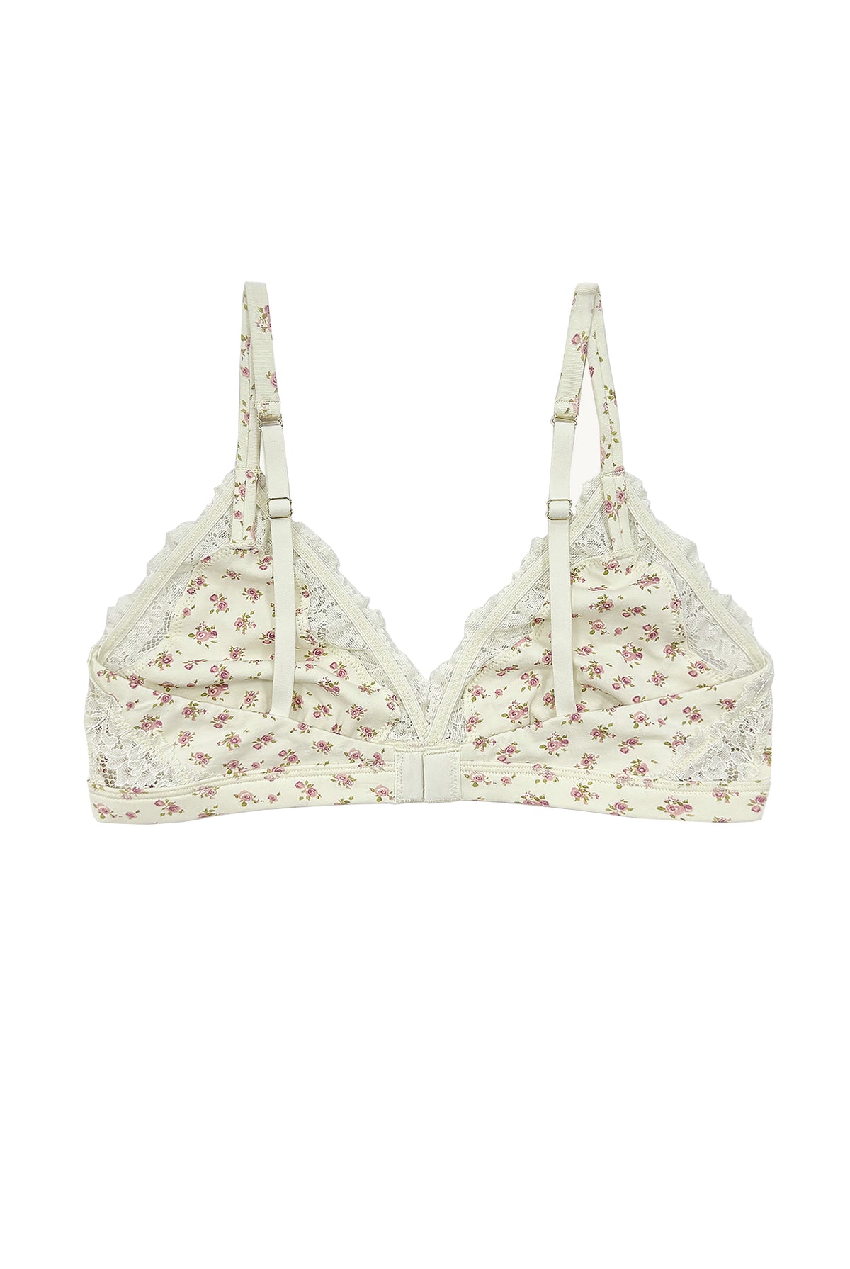 teysha organic cotton triangle lace bra in vintage rose floral print, back view showing adjustable straps