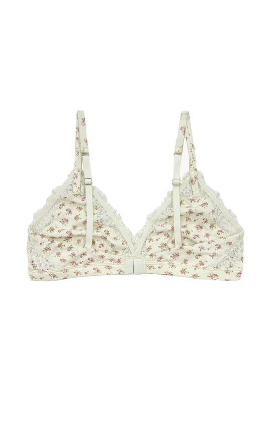 Teysha organic cotton triangle lace bra in vintage rose floral print, back view showing adjustable straps — wire-free, GOTS-certified first bra for tween girls