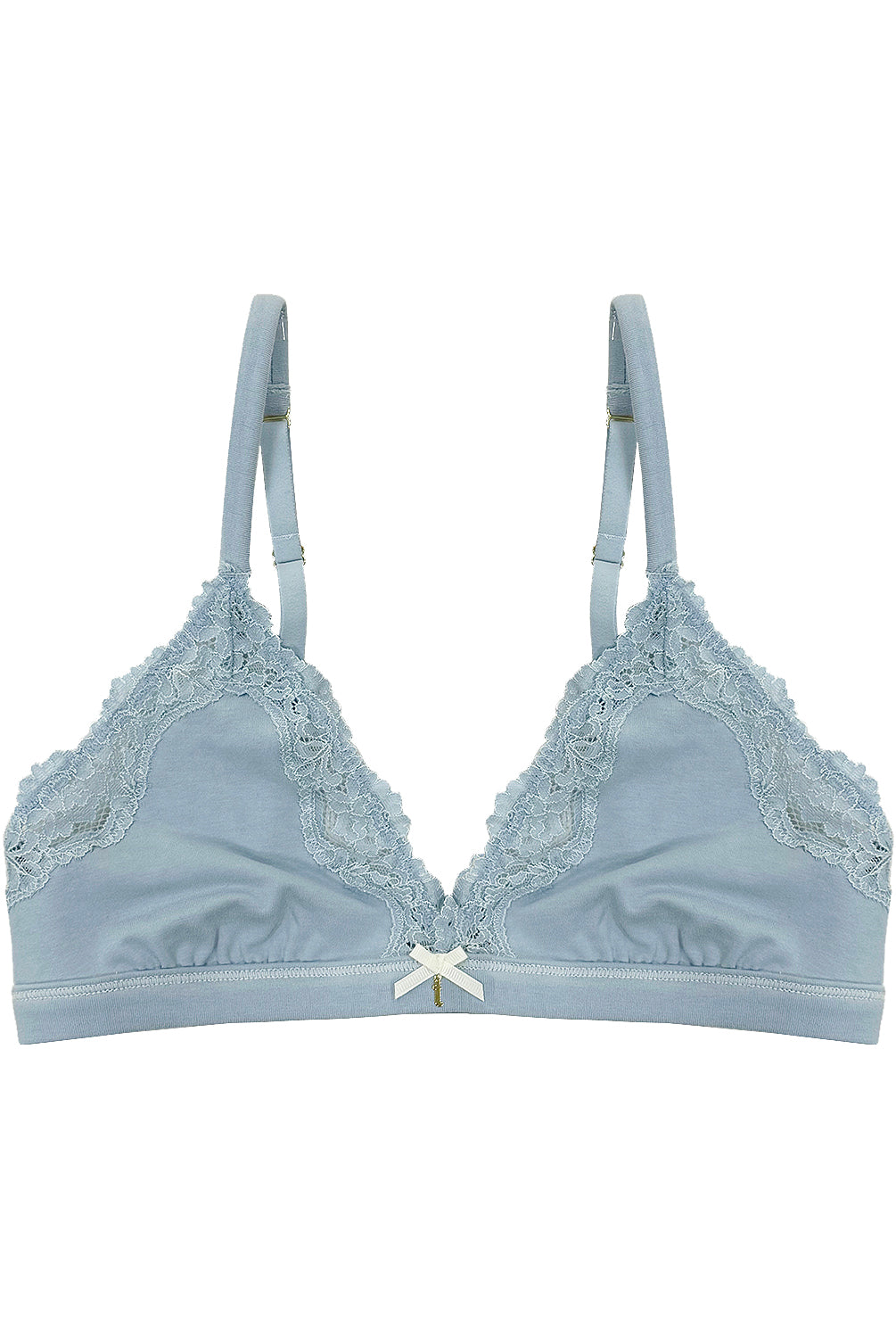 teysha organic cotton triangle lace bra in dusty blue, front view – for teen girls