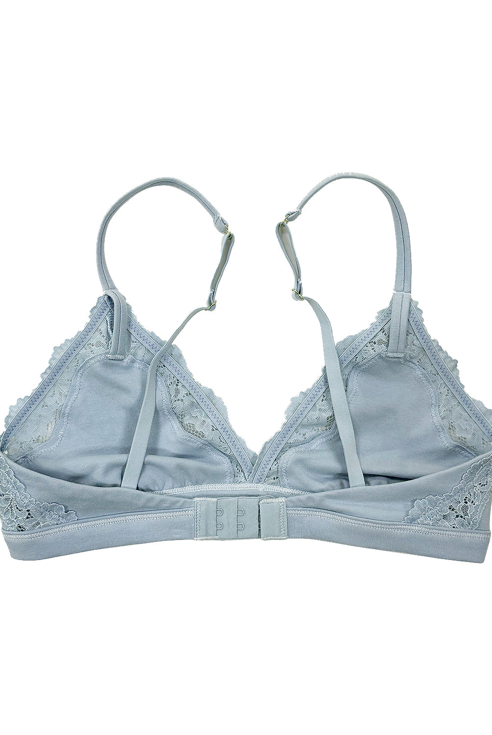 teysha organic cotton triangle lace bra in dusty blue, back view showing adjustable straps and hook closure