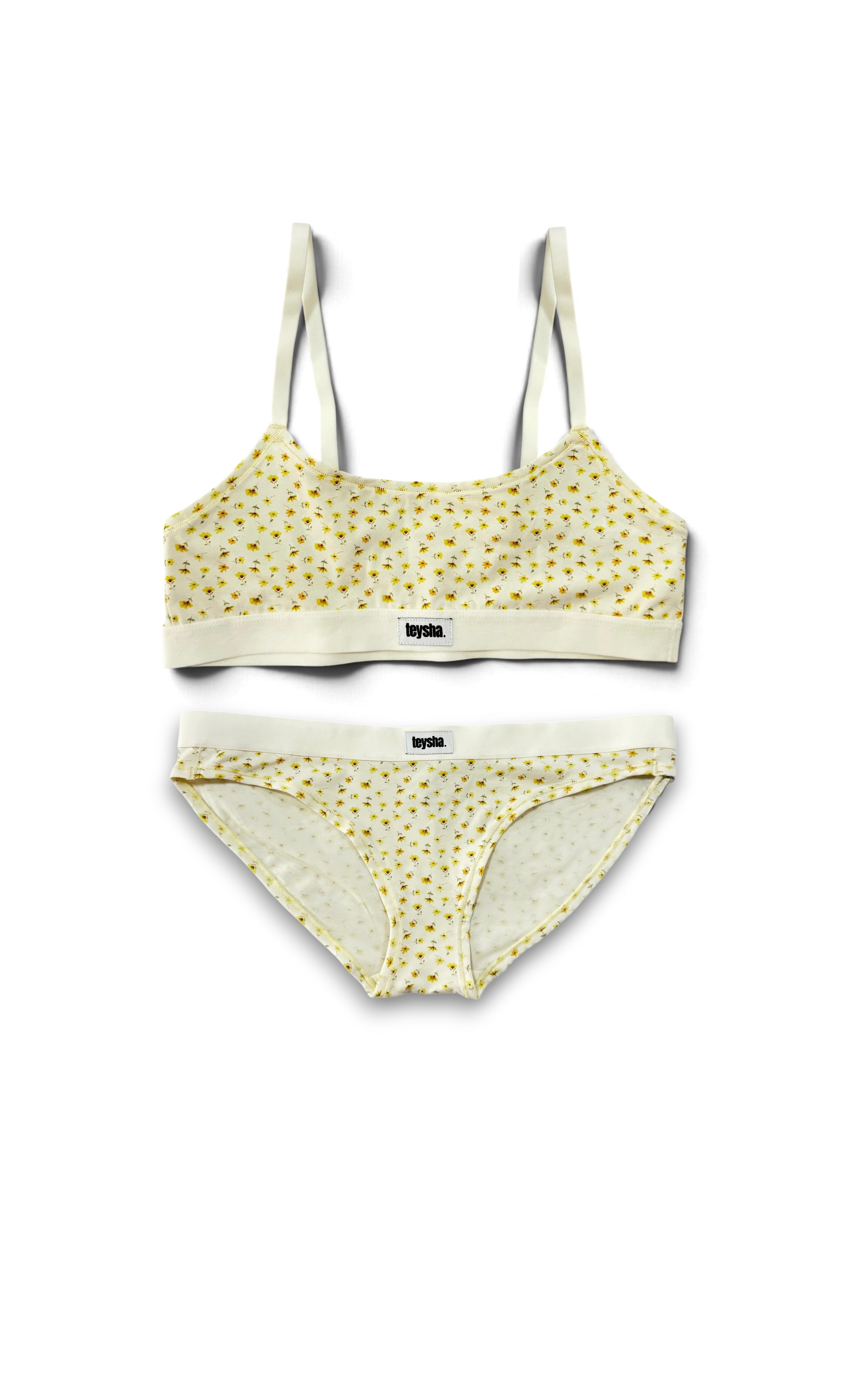 teysha Butter Cup crop top bra and matching low rise undies with a delicate yellow floral print
