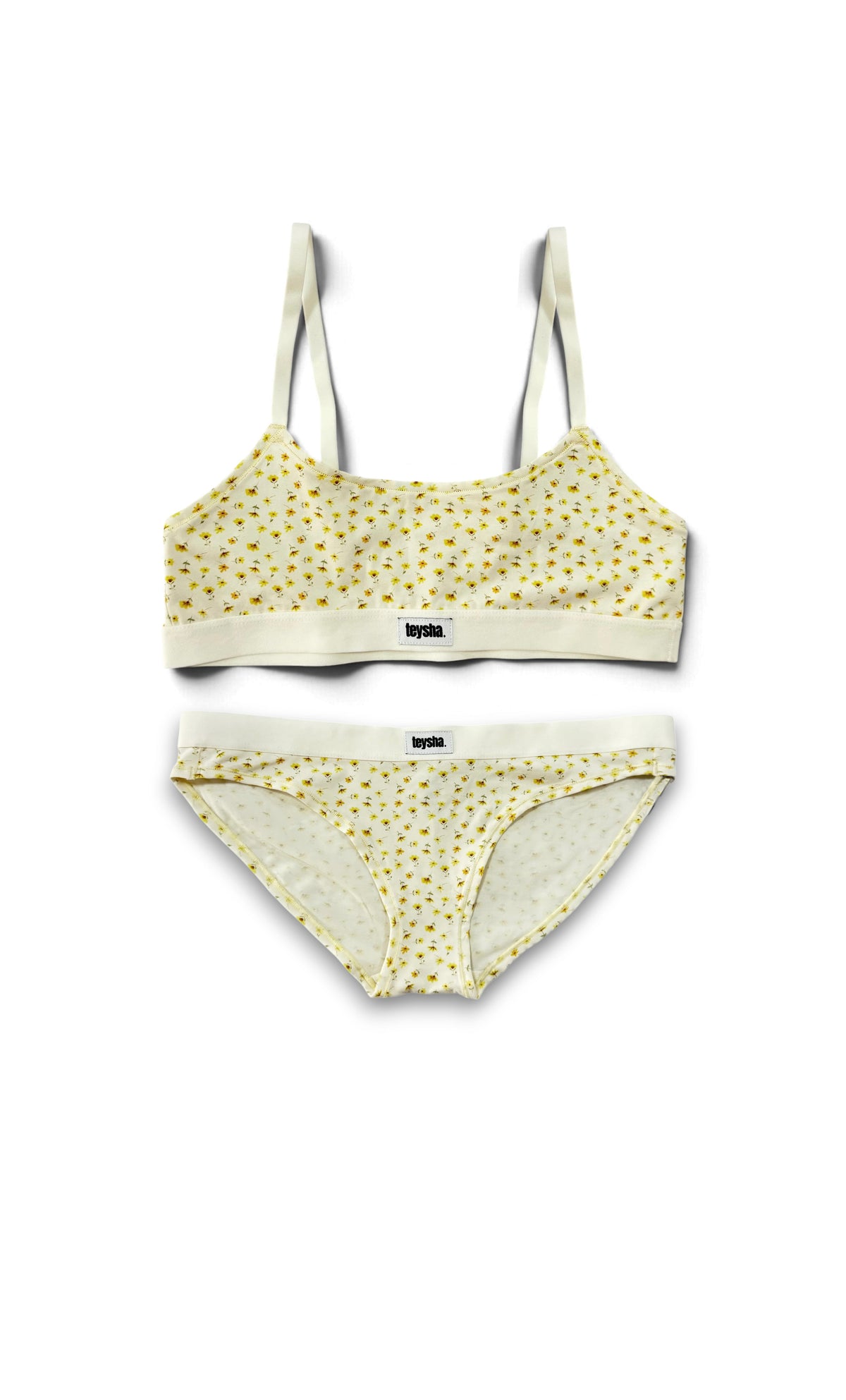 teysha Butter Cup crop top bra and matching low rise undies with a delicate yellow floral print