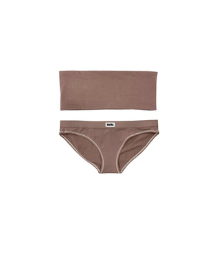 Organic cotton bandeau bralette duo set in natural brown — wireless wire-free strapless bra and matching brief, GOTS-certified breathable everyday lingerie by Teysha Australia, hypoallergenic intimates for sensitive skin