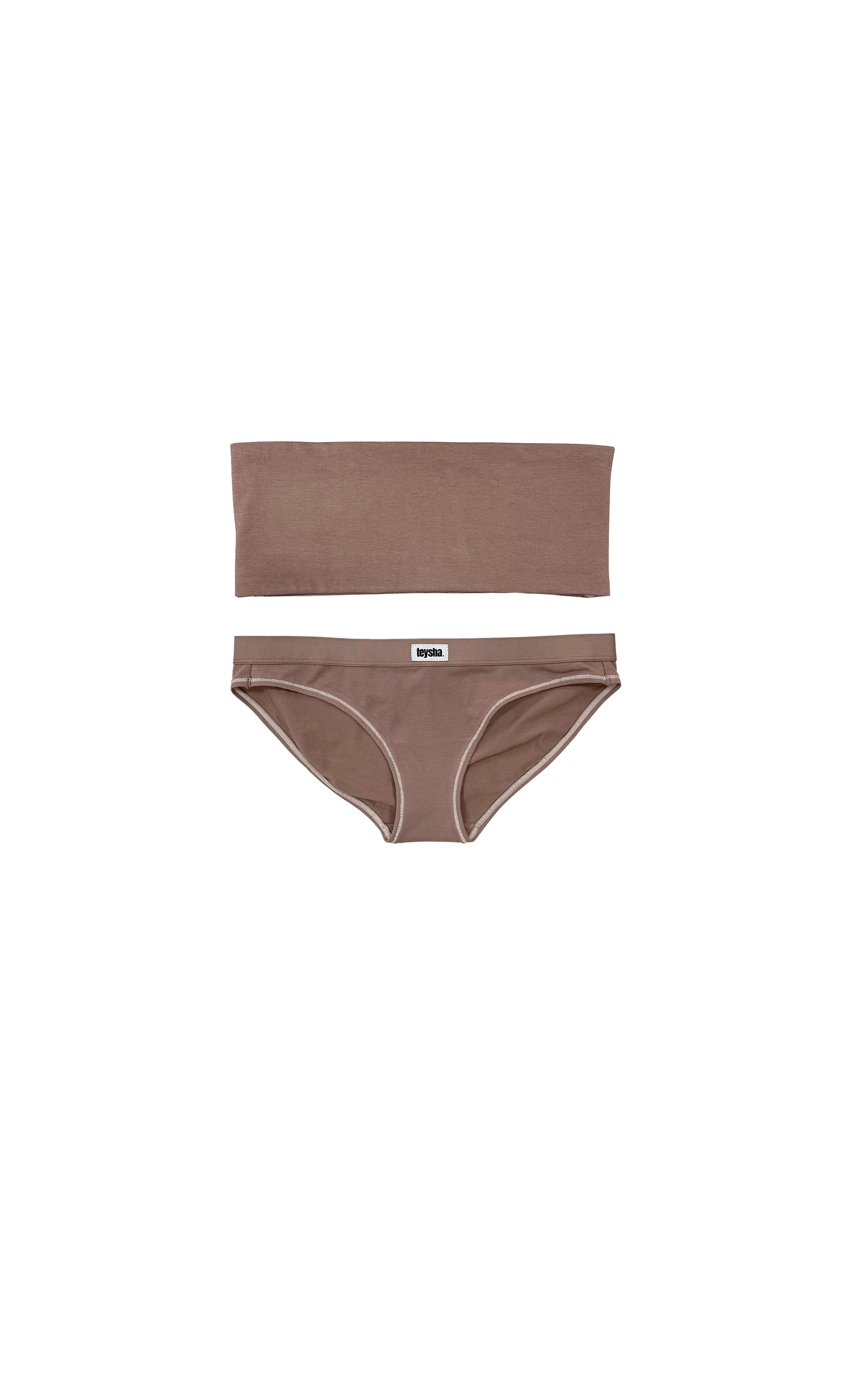 Organic cotton bandeau bralette duo set in natural brown — wireless wire-free strapless bra and matching brief, GOTS-certified breathable everyday lingerie by Teysha Australia, hypoallergenic intimates for sensitive skin