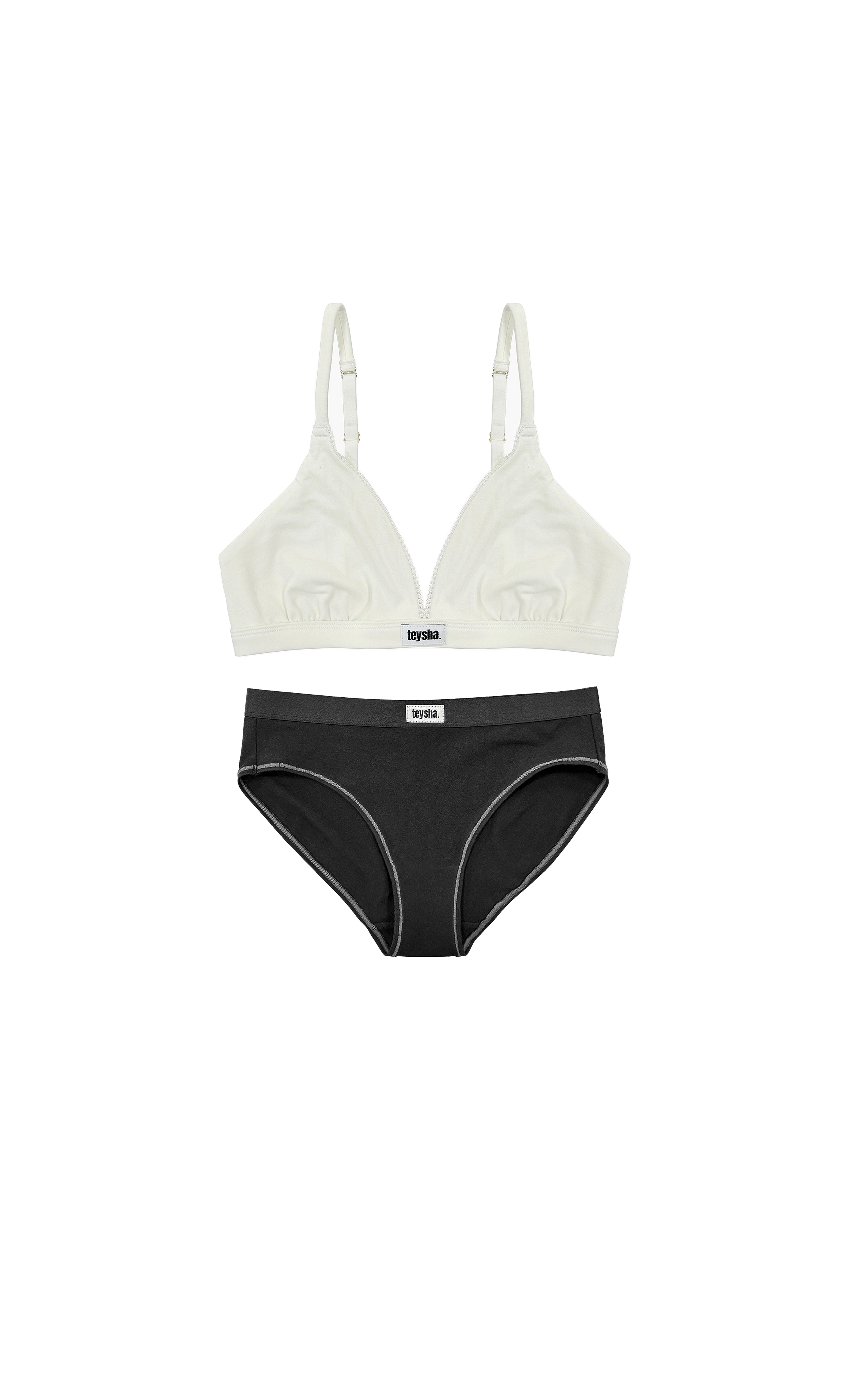 teysha organic cotton triangle bra in off-white and bikini brief in black, flat lay 2-piece set – for teen girls