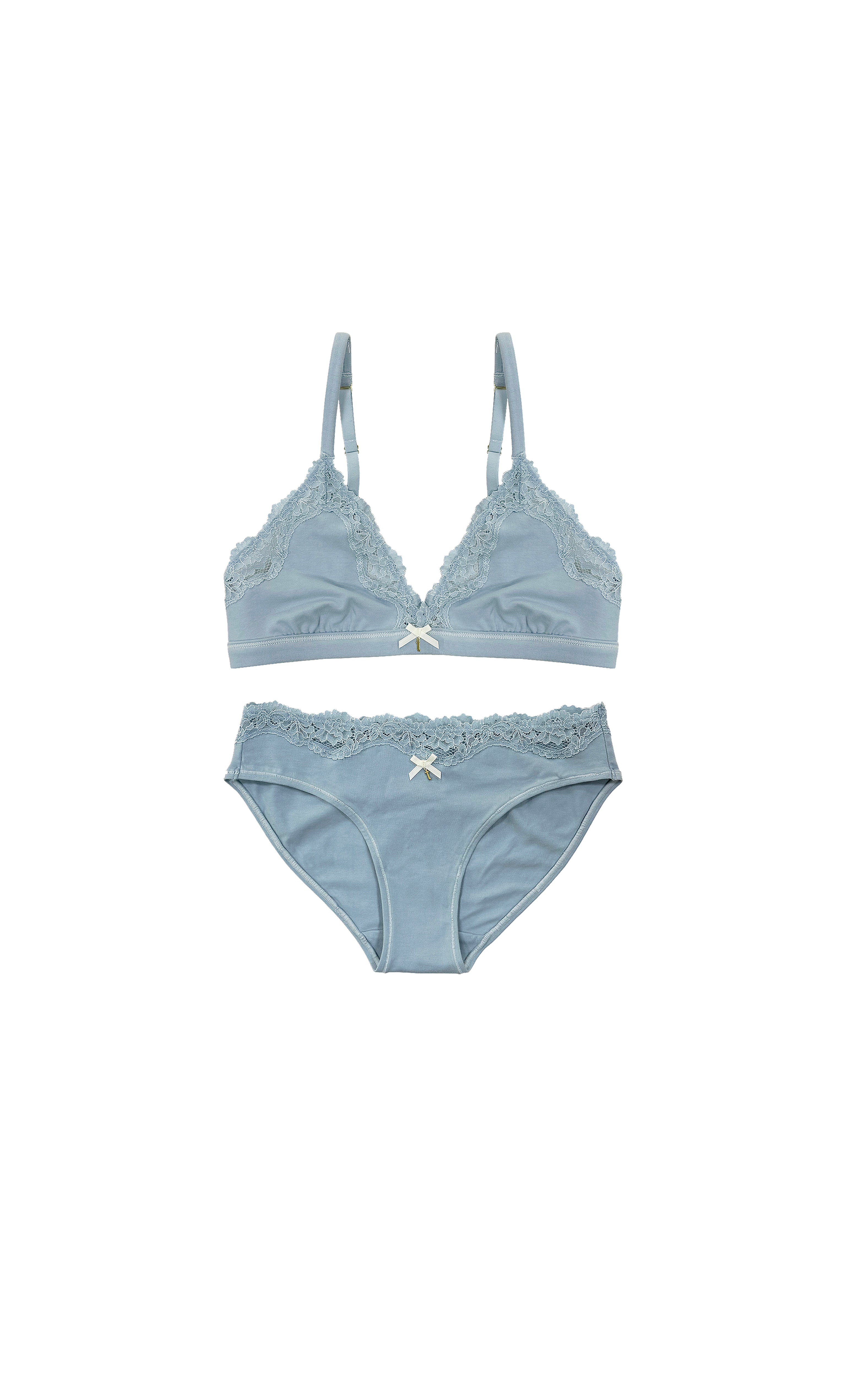 teysha organic cotton triangle lace bra and matching lace bikini brief in dusty blue, flat lay set – for teen girls