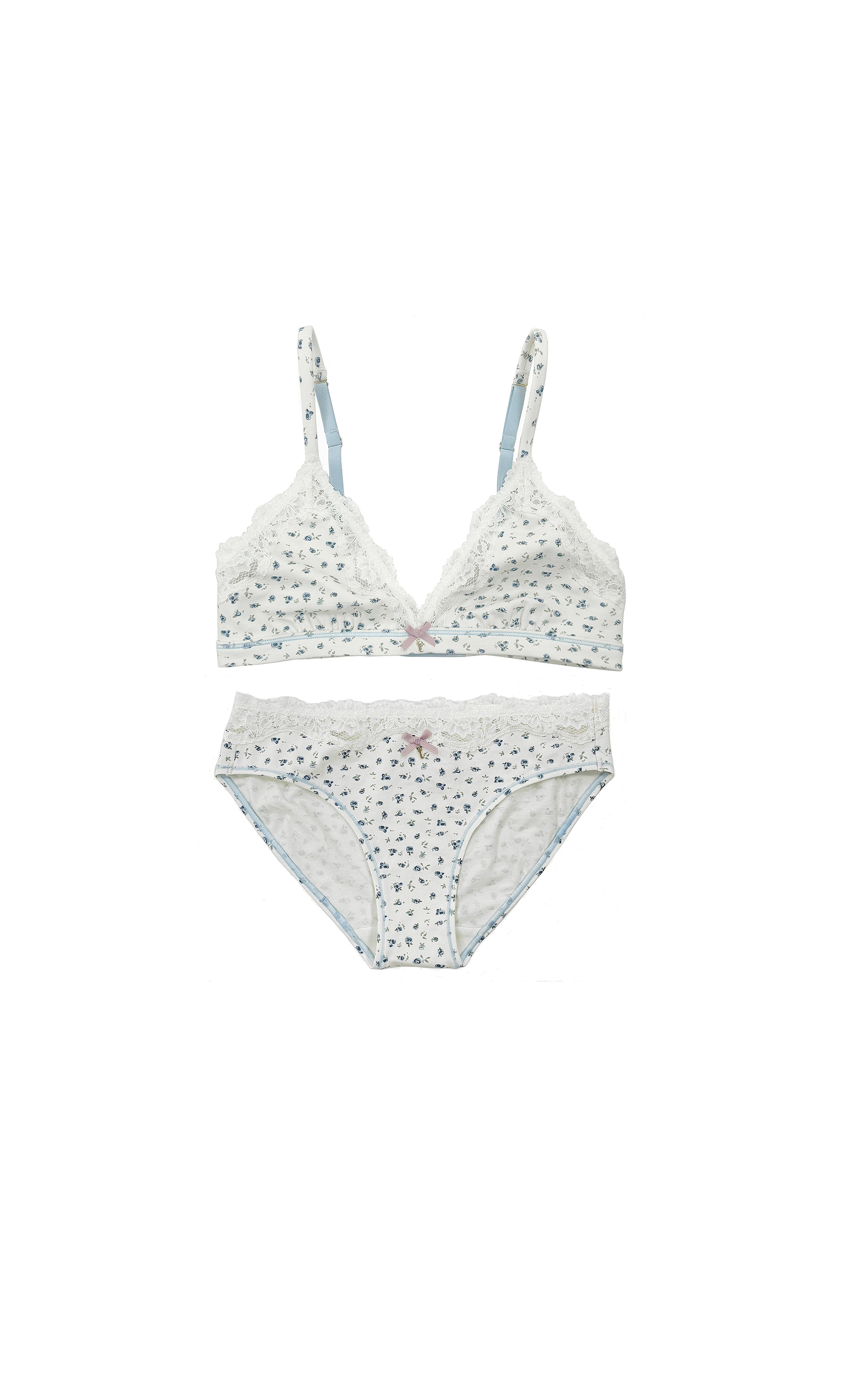 teysha organic cotton lace triangle bra and matching lace bikini briefs 2-piece set in ditsy floral print, flat lay