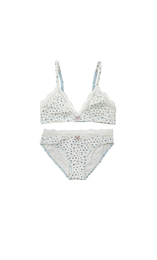 Teysha organic cotton lace triangle bra and matching lace bikini briefs 2-piece set in ditsy floral print, flat lay — wire-free, delicate lace trim, GOTS-certified first bra set for tween girls