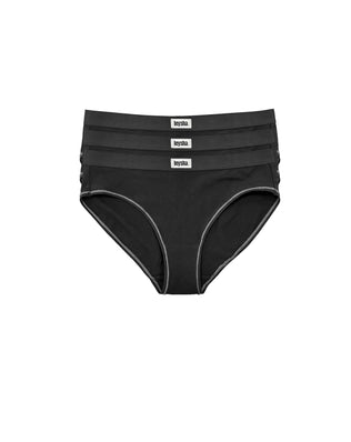 Three-pack of organic cotton bikini briefs in classic black — GOTS-certified women's underwear, breathable hypoallergenic everyday basics by Teysha Australia for sensitive skin and tweens, teens and women