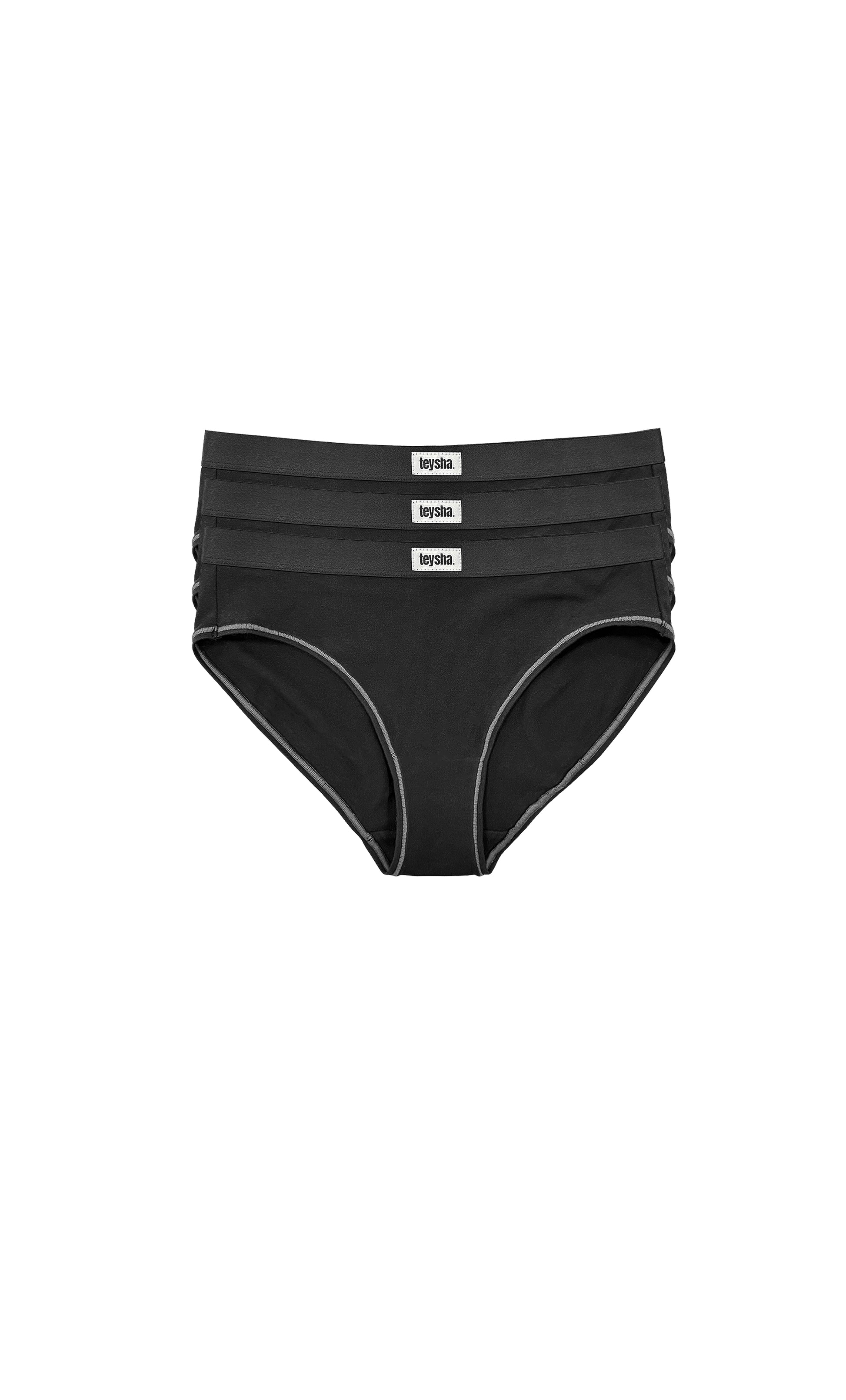 Three-pack of organic cotton bikini briefs in classic black — GOTS-certified women's underwear, breathable hypoallergenic everyday basics by Teysha Australia for sensitive skin and tweens, teens and women