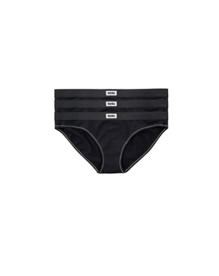 Three-pack of organic cotton hipster briefs in classic black — GOTS-certified women's hipster underwear with mid-rise full-coverage cut, breathable hypoallergenic everyday basics by Teysha Australia for sensitive skin