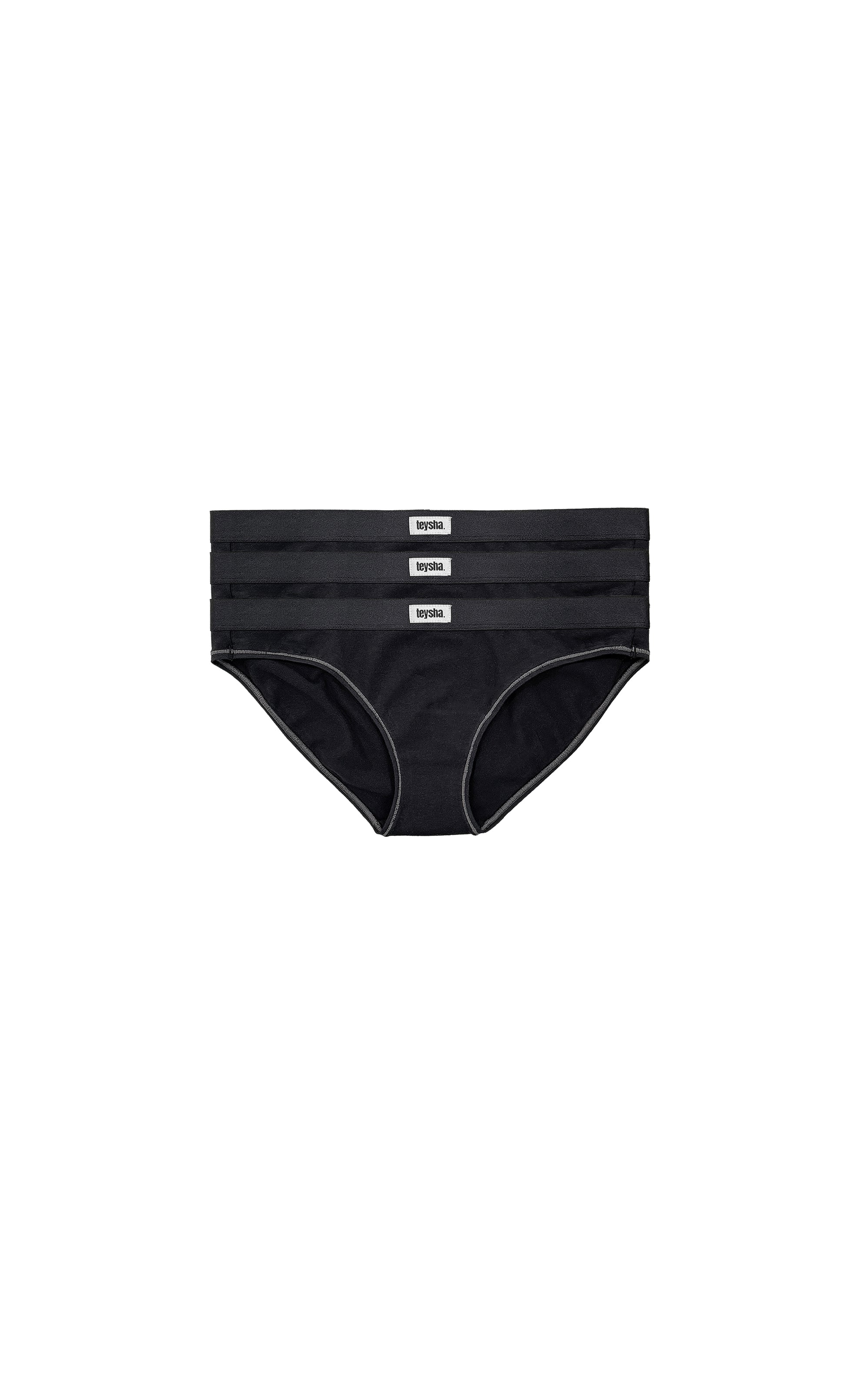 Three-pack of organic cotton hipster briefs in classic black — GOTS-certified women's hipster underwear with mid-rise full-coverage cut, breathable hypoallergenic everyday basics by Teysha Australia for sensitive skin