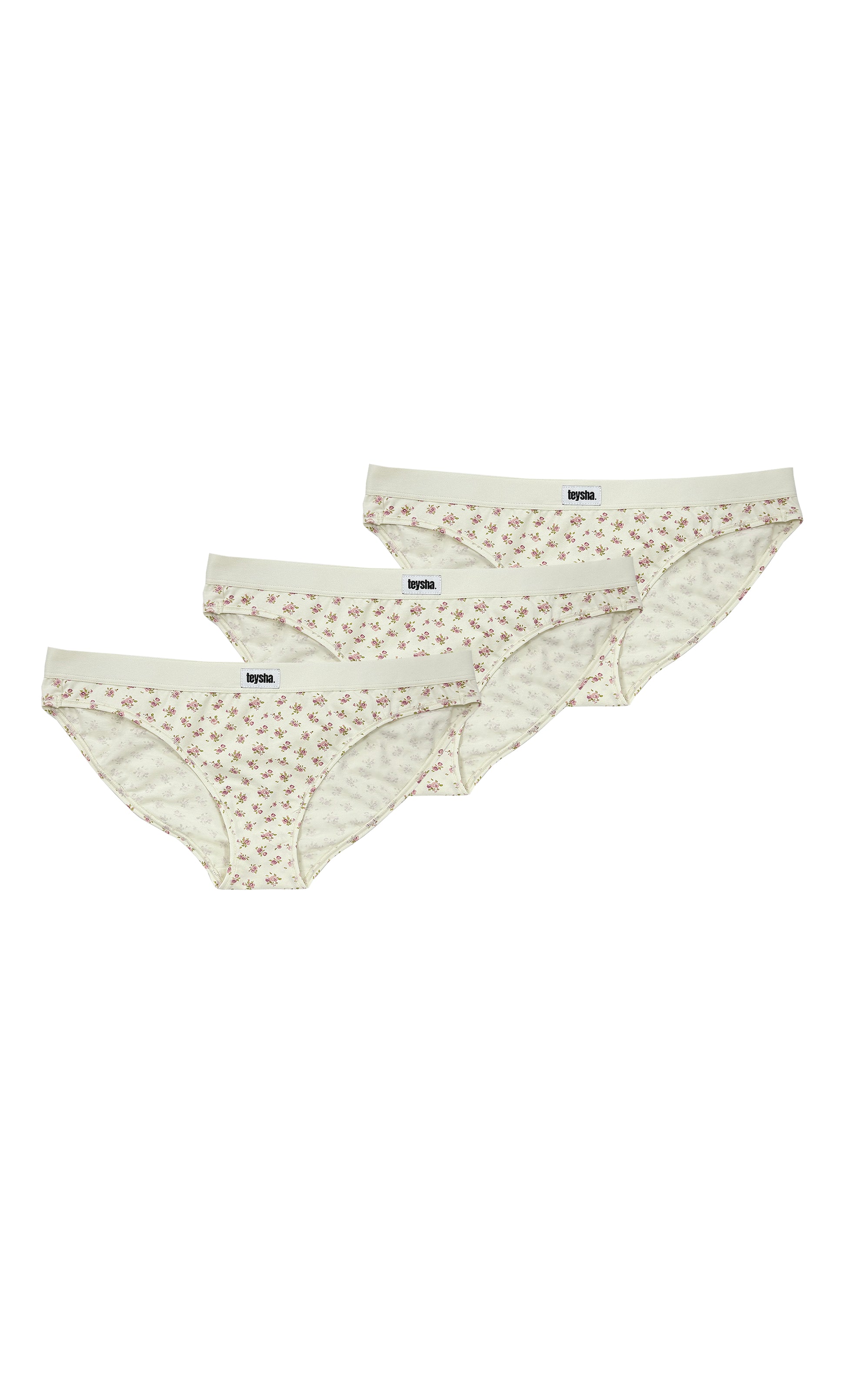 Three-pack of organic cotton bikini briefs in vintage rose floral print — GOTS-certified breathable everyday women's underwear by Teysha Australia, hypoallergenic and gentle on sensitive skin
