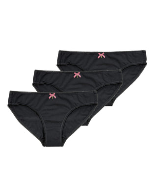 Three-pack of organic cotton picot edge bikini briefs in black edition — GOTS-certified seamless everyday women's underwear with delicate scalloped trim by Teysha Australia, hypoallergenic and breathable